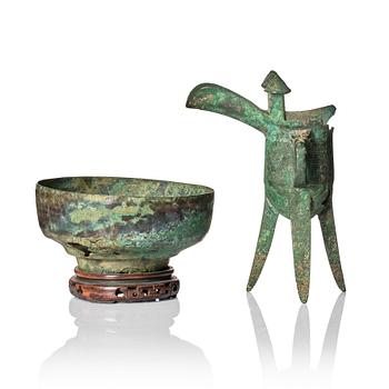 A bronze ritual wine vessel, jue and a bowl, possibly Shang and Ming dynasty.