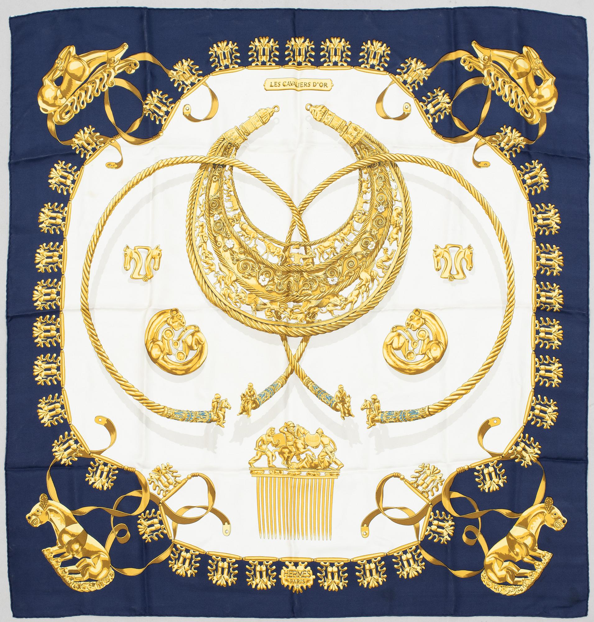 Hermès, scarves, two pieces, "La Promenade de Longchamps" & "Les Cavaliers d'Or".