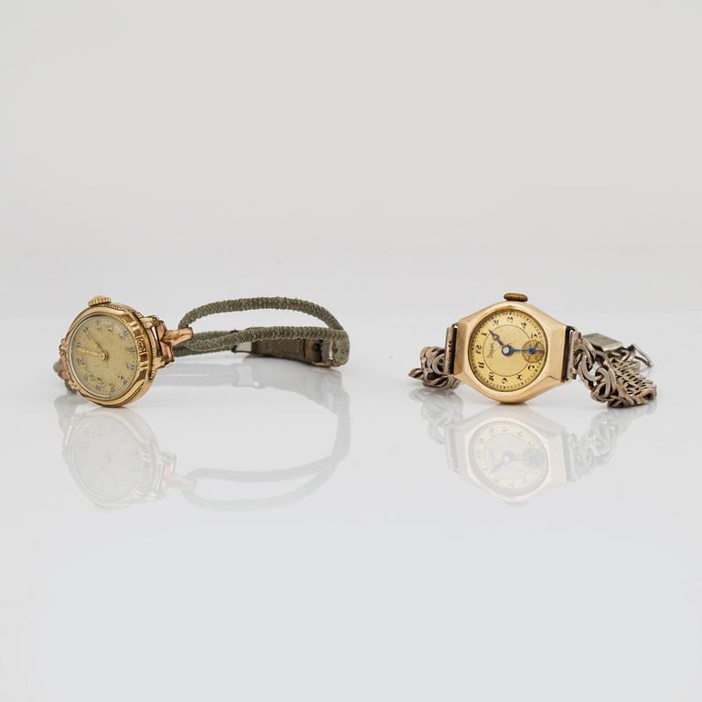 ARMBANDSUR, dam, 2 st, 1900-talets mitt, förgyllt silver och silver.
