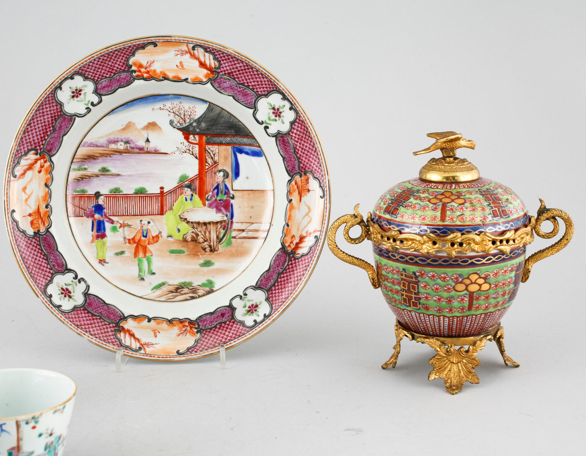 Three polychrome cups with barrels, three cups, one bowl with lid and one plate, Qing dynasty, 18/19th century.