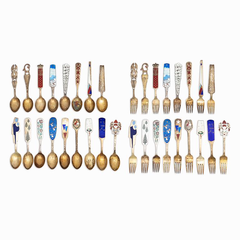 A set of sterling silver and enamel christmas cutlery, Michelsen, Denmark 1940s-1960s (34 pieces).