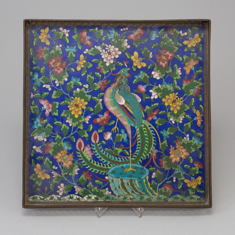 A chinese cloisonné tray, 20th century, and five enamel on copper cups, late 19th/early 20th century.