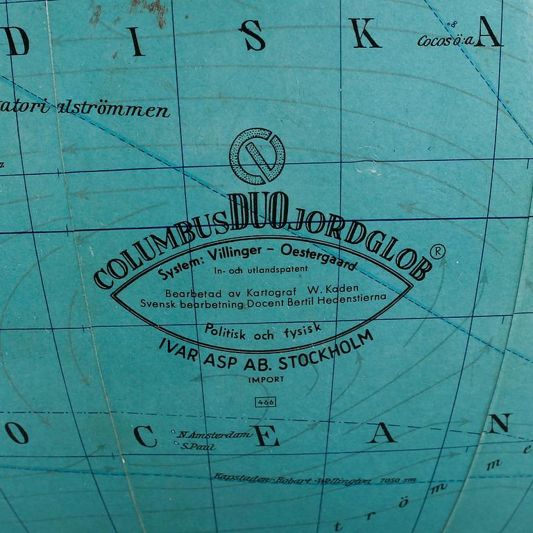 JORDGLOB, Columbus Duo Jordglob. Import av Ivar Asp AB, Stockholm. 1900-talets mitt.