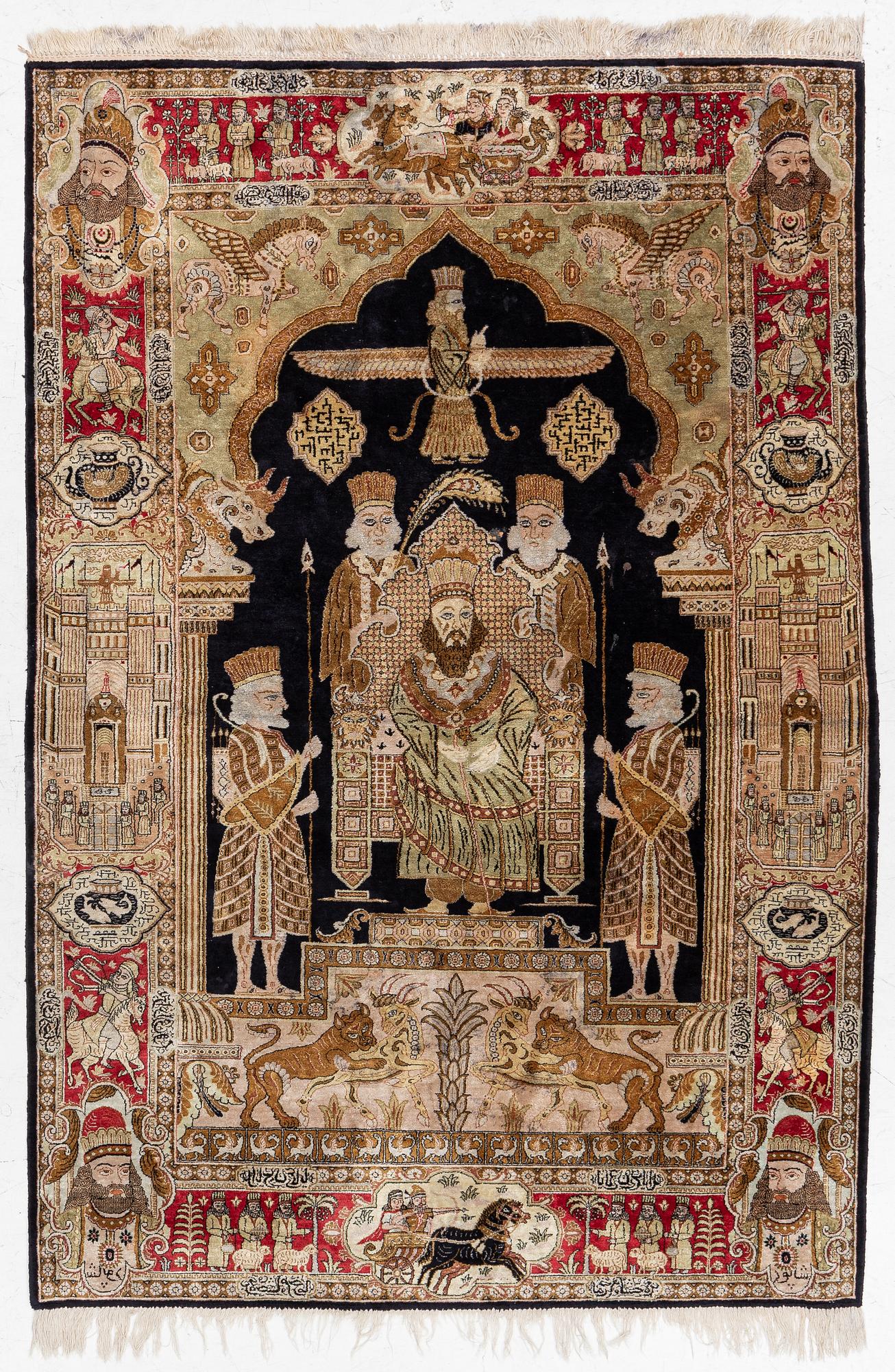 A pictorial semi-antique silk Qum rug, central Persia, c. 214 x 146 cm.