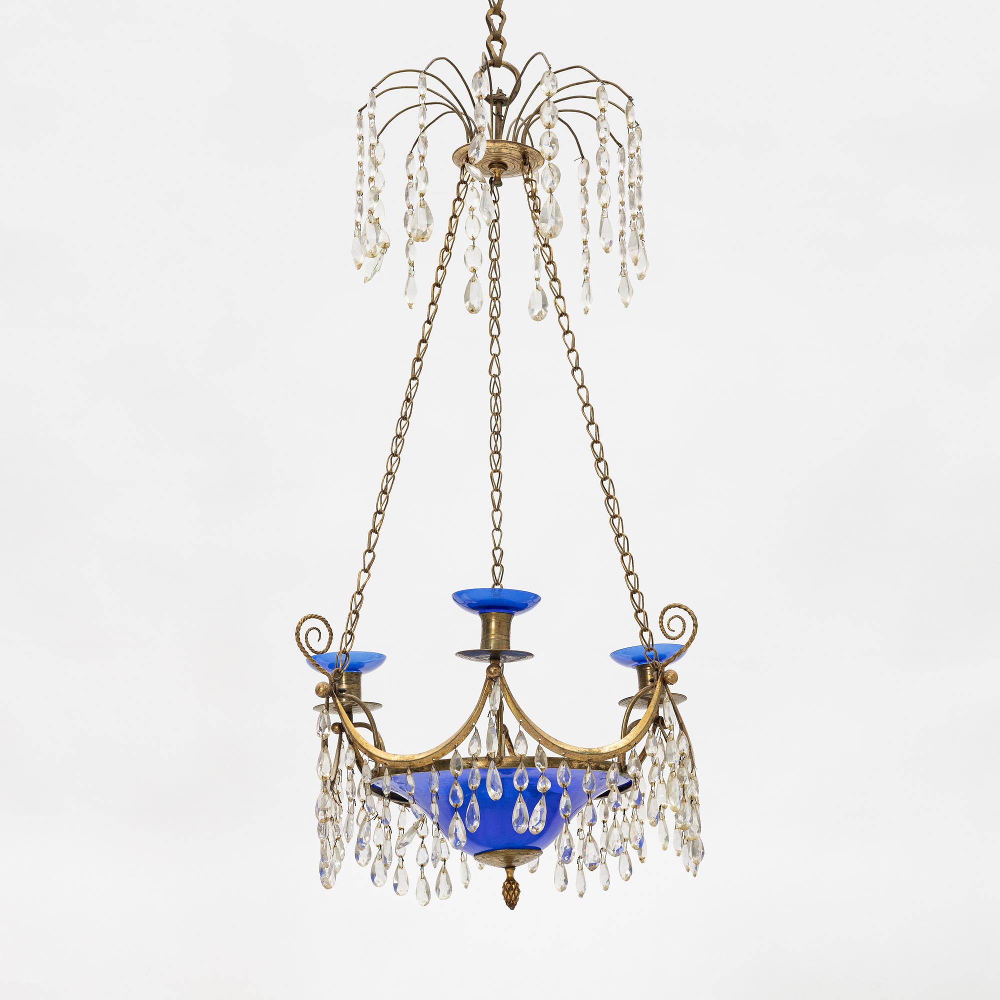 A late Gustavian three-light chandelier, Stockholm, late 18th century.