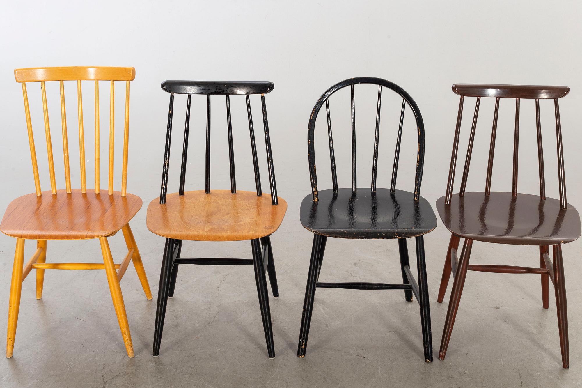 PINNSTOLAR, 9 st, Bl.a. Fanett (Edsbyverken), Nesto (Nässjö Stolfabrik), 1900-talets mitt.