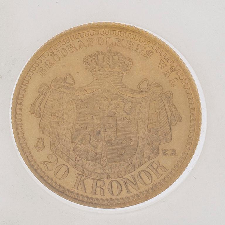 MYNT, guld, 20 kronor, Oscar II, 1898, vikt ca 9 g.