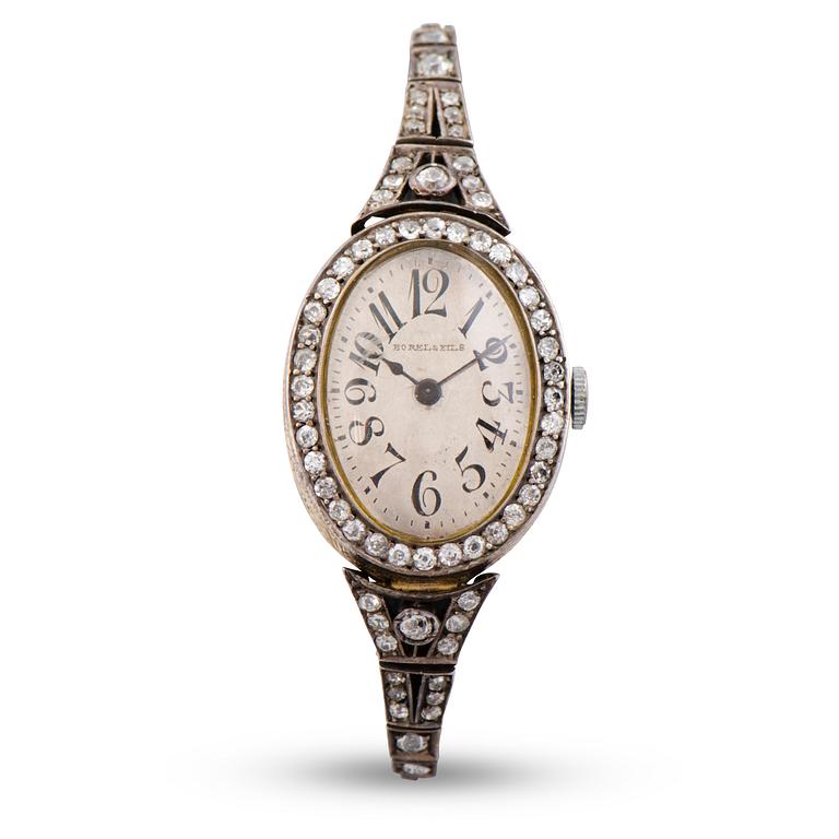 A WRIST WATCH, Borel & fils, old cut diamonds, 14k (56) gold. Bragin Andrey (AБ), St Petersburg, early 20th century.