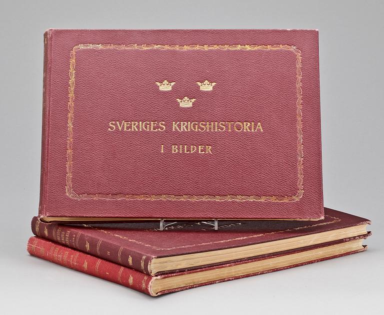 BÖCKER, 3 st, "Sveriges krigshistoria i bilder", text av Gustaf Björlin, Stockholm 1914-1919.