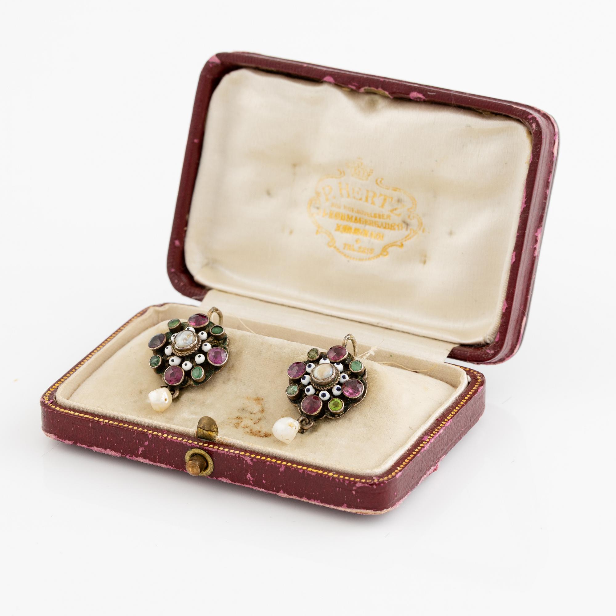 Earrings, two pairs, silver, enamel, pearls, glass stones.