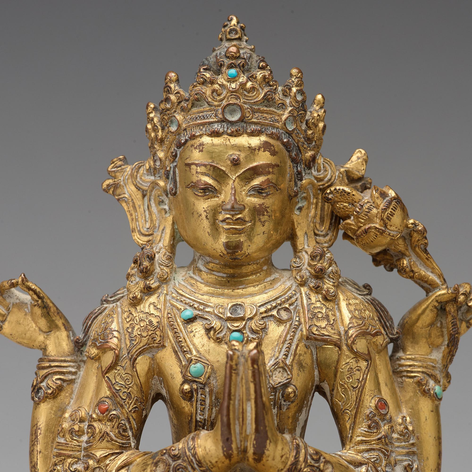 SADAKSARI AVALOKITESHVARA, förgylld kopparlegering. Tibet/Nepal, 1400-tal eller äldre.