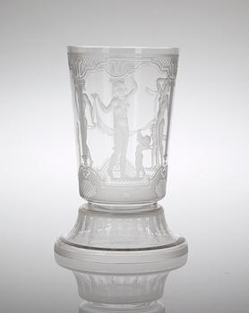 An Edvin Ollers engraved glass beaker with stand, Elme 1933.