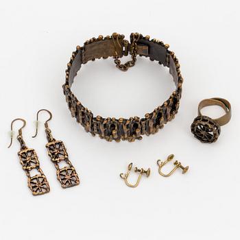 A bronze bracelet, ring and a pair of earrings by Pentti Sarpaneva, Finland.