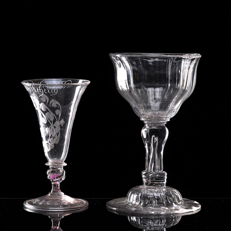 Two wine glasses, 18th Century.