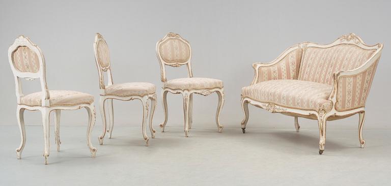 SOFFA samt STOLAR, 1+3, rokokostil, 1900-talets första hälft.