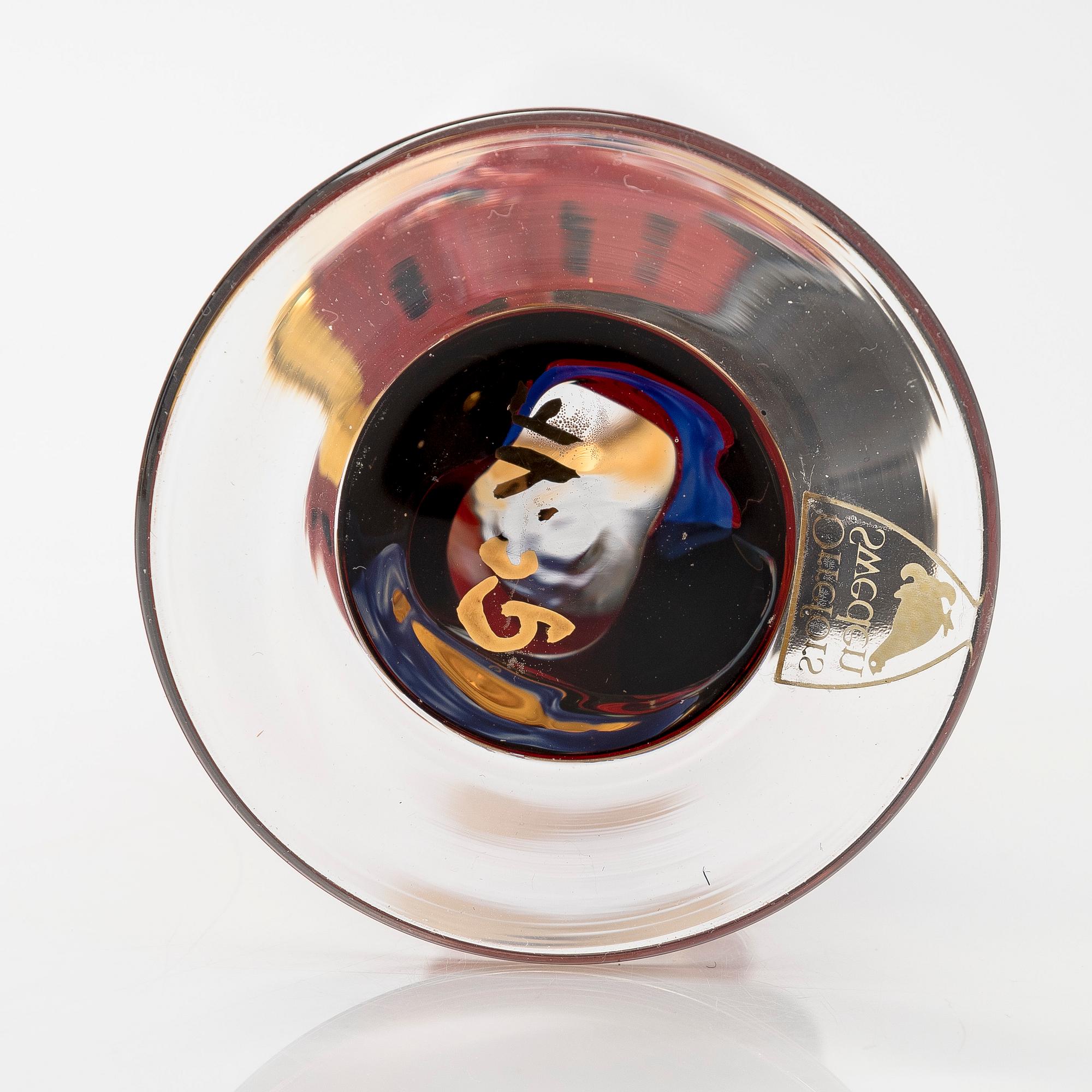 Gunnar Cyrén, snapsilaseja, 6 kpl, ns. "Djävulsglas" (paholaislasi), Nobel-astiastosta, Orrefors.