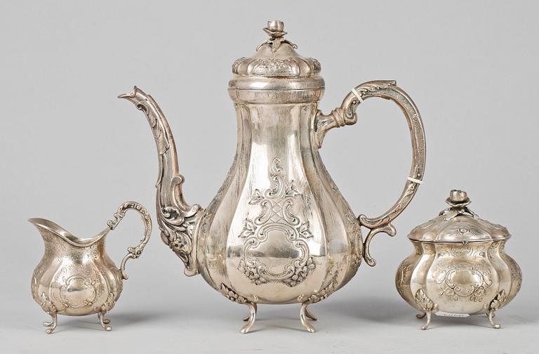 KAFFESERVIS, 3 delar, silver,  Stiltenn, Sven Carlson, Stockholm, 1966. Total vikt ca 1046g.