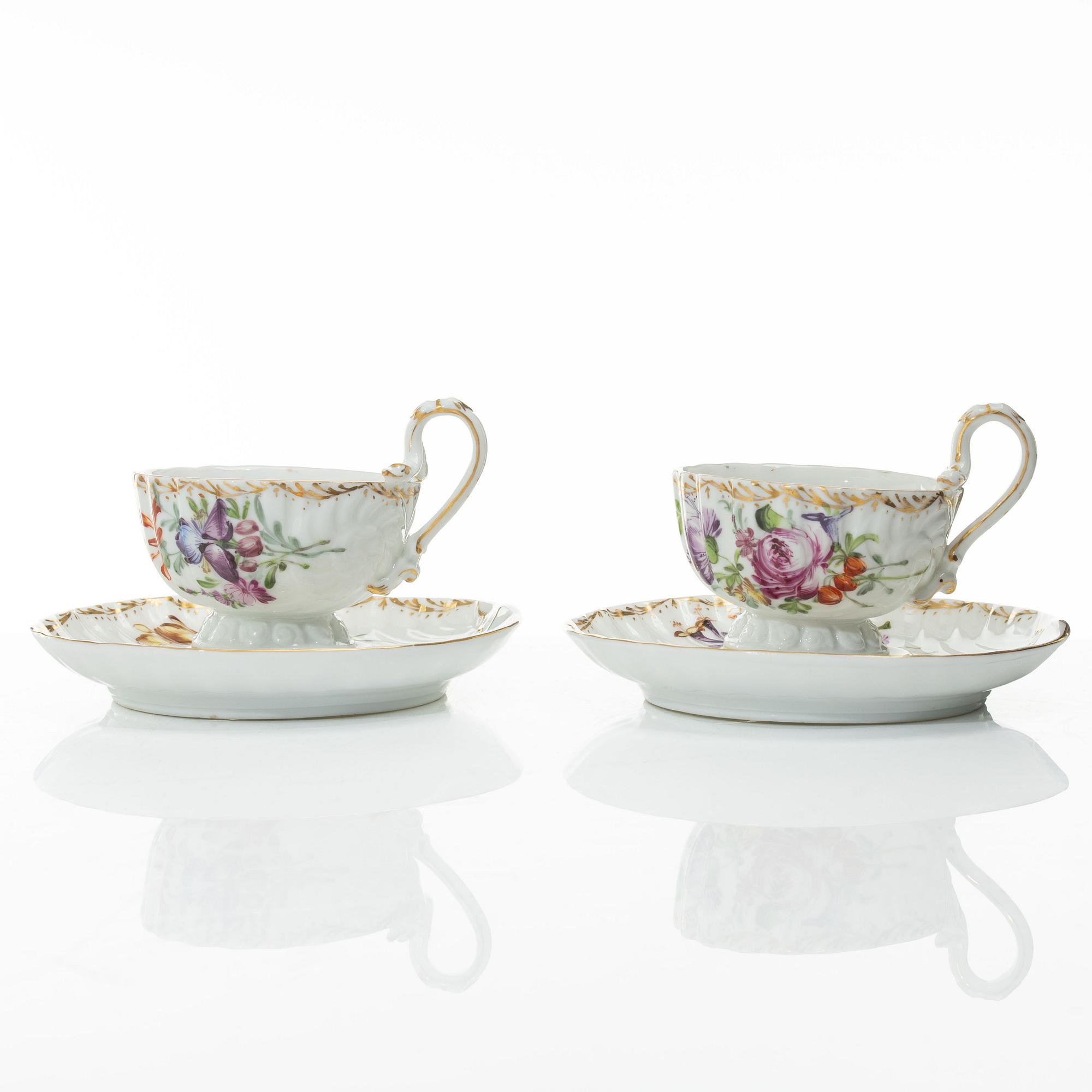 A set of ten porcelain coffee cups with saucers, Meissen-like mark, first half of the 20th Century.
