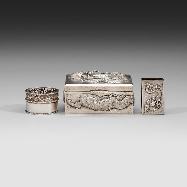 A cigarr box, salt and match box holder, export silver, partially Chen Hua, early 20th century.