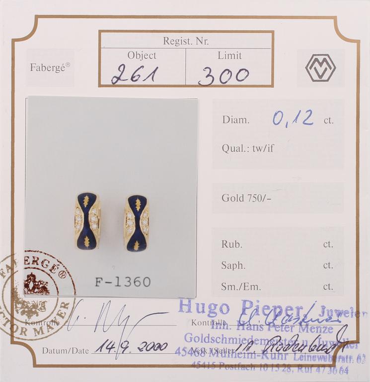 ÖRHÄNGEN, 18K guld med 6 briljantslipade diamanter 0.12 ct och blå emalj, Fabergé, modell F1360 nr 261/300. Vikt 9,5 g.
