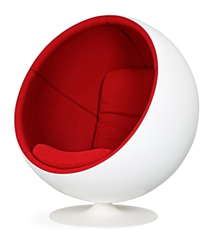 An Eero Aarnio white fiberglass and red fabric 'Ball chair', by Adelta, Finland, post 1991.