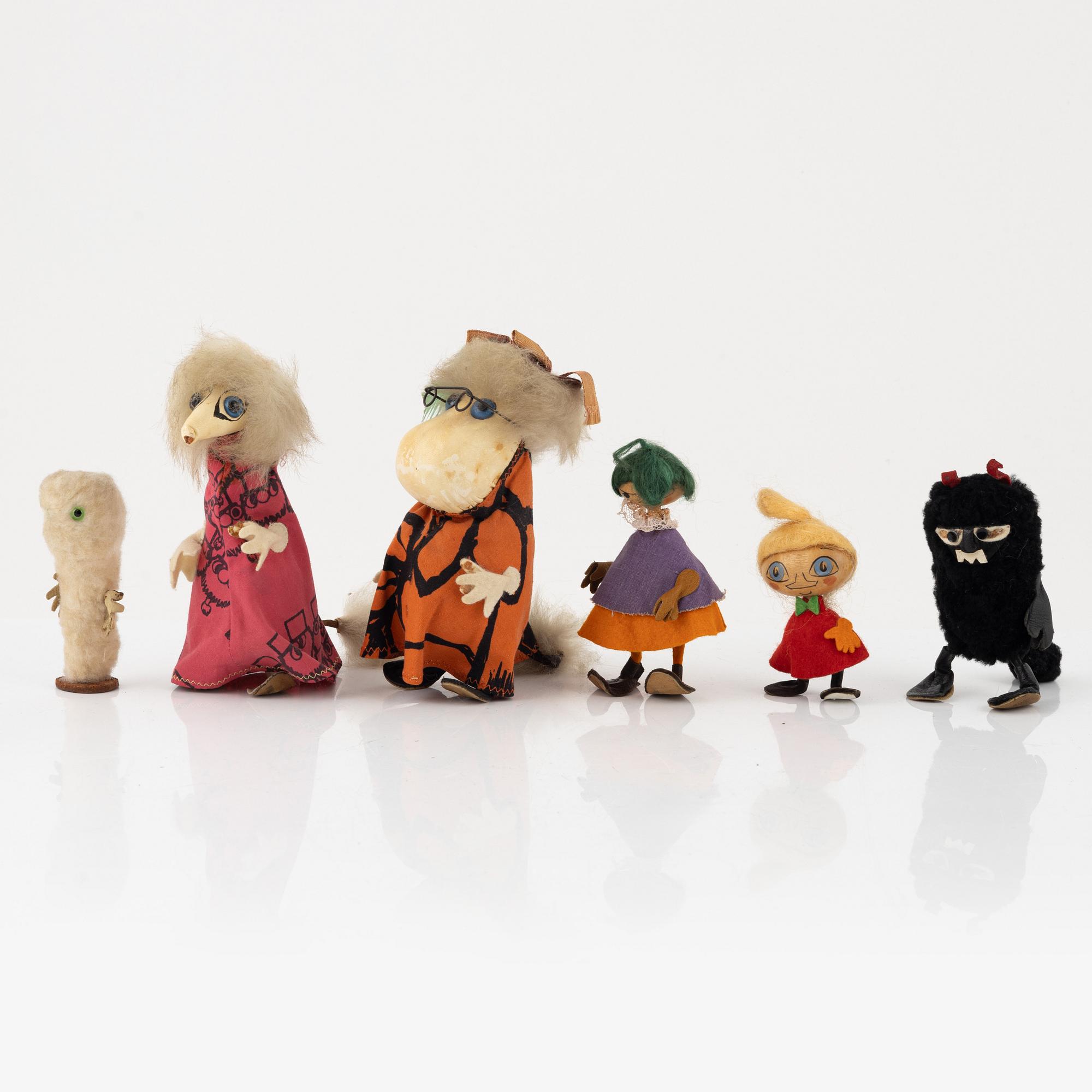 Six Moomin figures, Atelier Fauni, Finland, 1950's/60's.