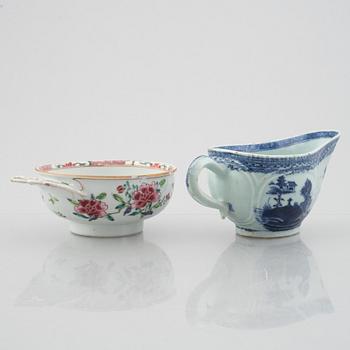 An export porcelain Famille Rose cup with handle and a blue and white sauce jug, China, Qing dynasty, 18th century.