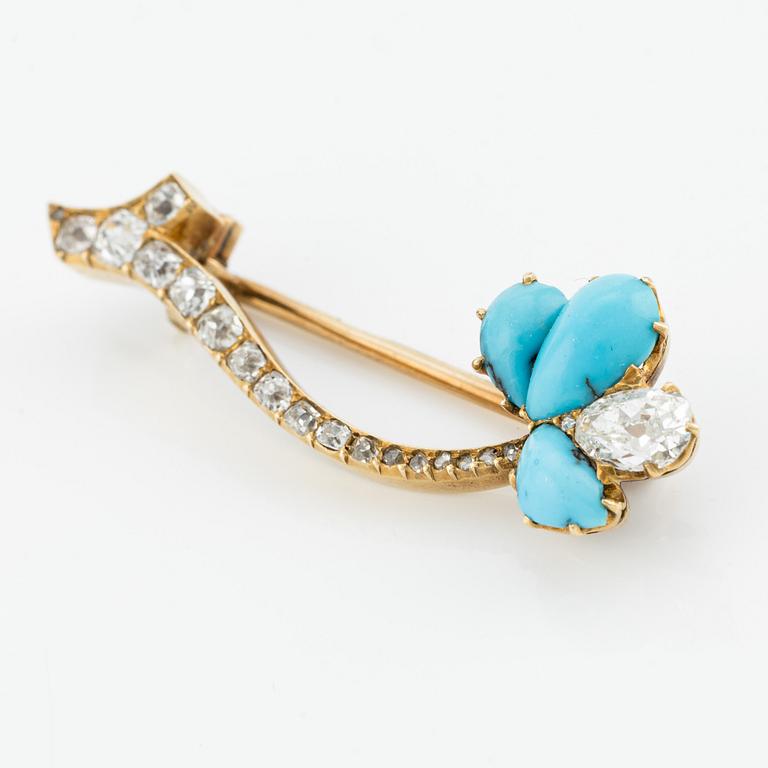 A gold brooch with turquoise and old-cut diamonds, C.E. Bolin, St  Petersburg 1860-1875, workmaster Robert Schwan.