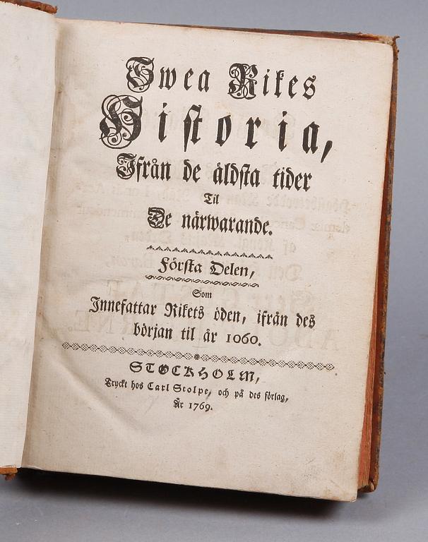 BÖCKER, 12 st, historia, bla "Swea rikes historia ifrån de åldsta tider til de närvarande" av Sven Bring, Stockholm 1769.