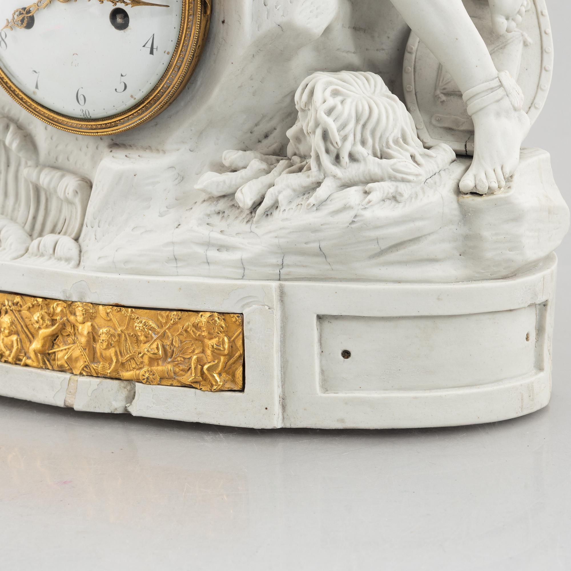 A French Louis XVI bisquit porcelain and ormolu-mounted figural mantel clock, late 18th century.