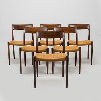 Niels Otto Møller, Six mid-20th century '77' dining chairs, J.L. Møllers Møbelfabrik Denmark.