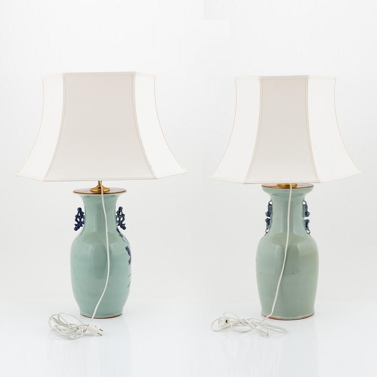 A matched pair of blue and white celadon ground vases moutned as table lamps, China, circa 1900.