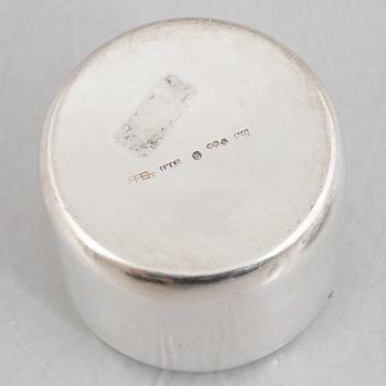 A silver and enamel box with lid and a small beaker, marks of Lars Arby, Gothenburg, Sweden 1963-1964.