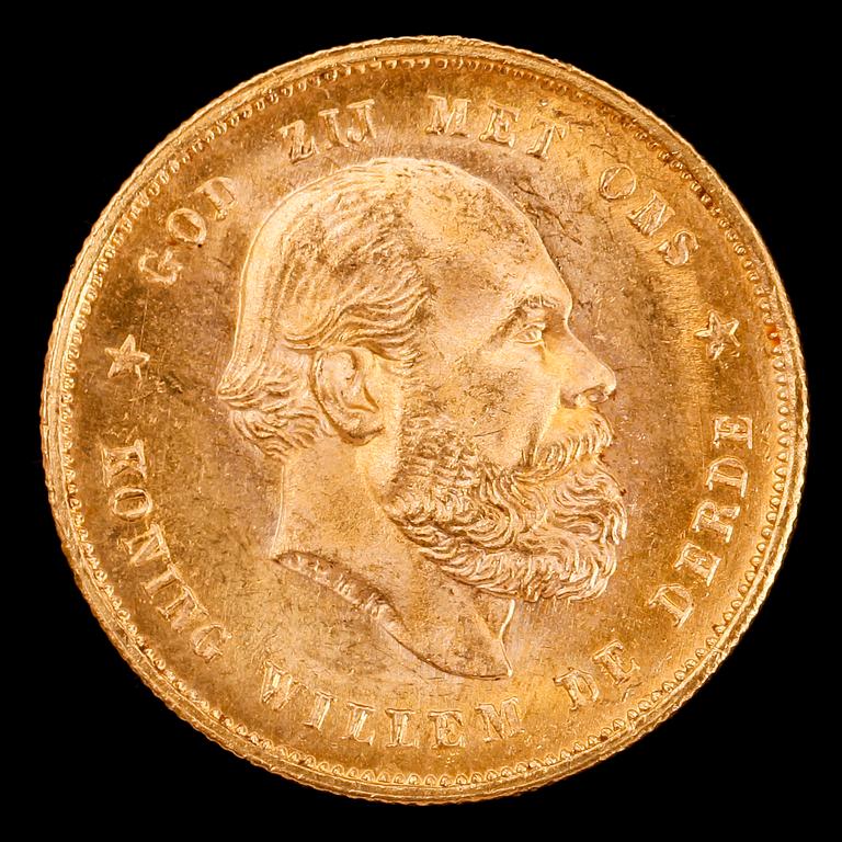 GULDMYNT, 10 gulden, König Willem, Nederländerna, 1877. Vikt ca 7 g.