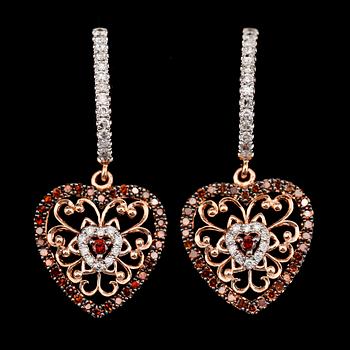 ÖRHÄNGEN, 18K roséguld, briljantslipade diamanter och roströda stenar.