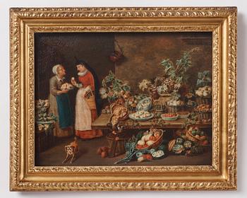 Pieter Angellis Attributed to, Market scenes after Frans Snyders; ”Der Obstmarkt”, ”Der Gemüsemarkt”, ”Der Wildbrethändler”, ”Der Fischmarkt”.