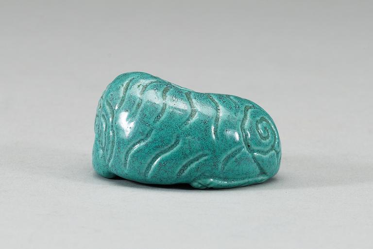 A robins egg glazed figure of a reclining elephant, Qing dynasty, presumably Qianlong (1736-95).
