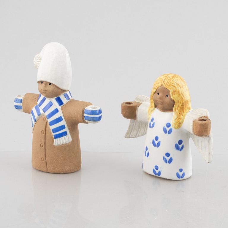 Lisa Larson, three stoneware candlesticks "Julius", "Juliana", "Angel" aswell as a bowl "Guldknopp",  Gustavsberg.