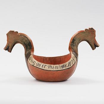 A Norwegian 18th century "Kjenge" painted carved wood ale cup bowl.