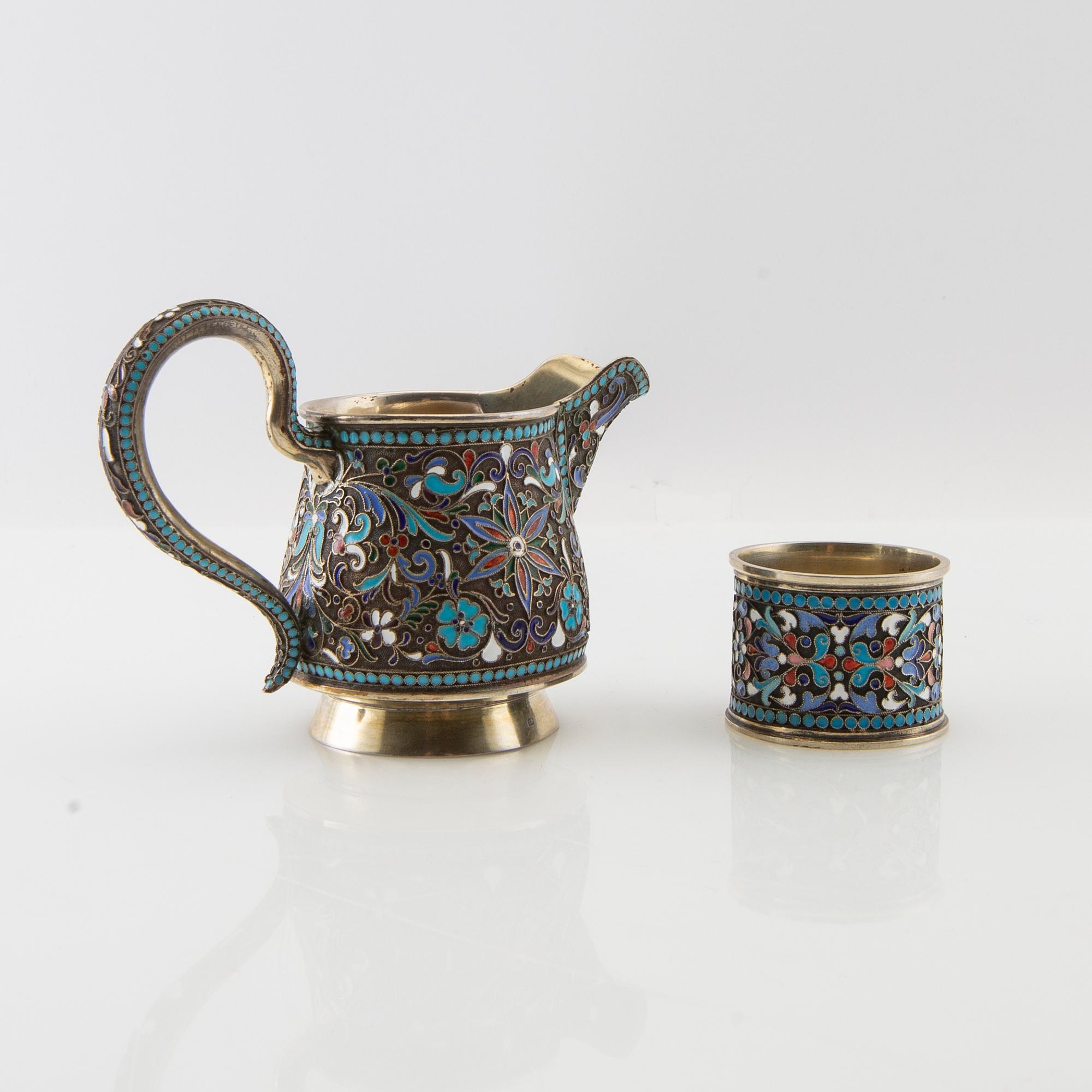 Cream jug and napkin ring Russia silver and enamel 1908-26.