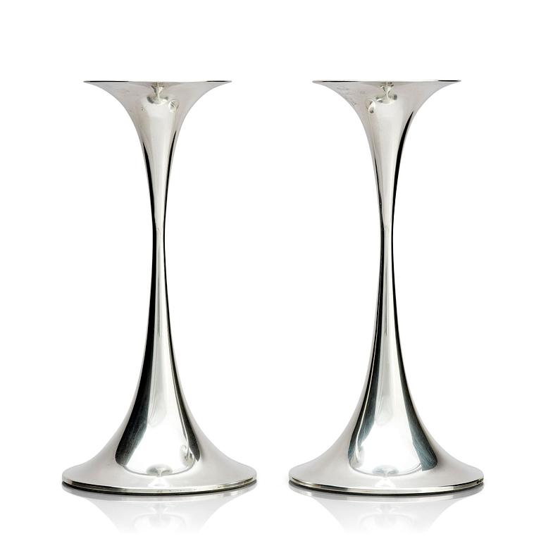 Tapio Wirkkala, a pair of 'Trumpetti' silver candlesticks, Tavastehus, Finland 2002.