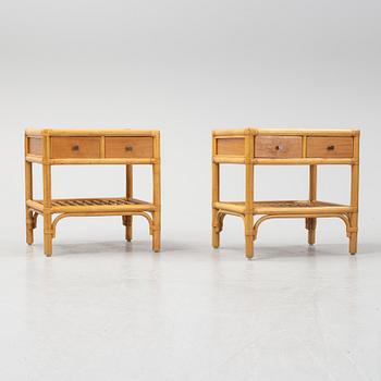 A pair of teak, bamboo and rattan bedside tables, late 20th Century.