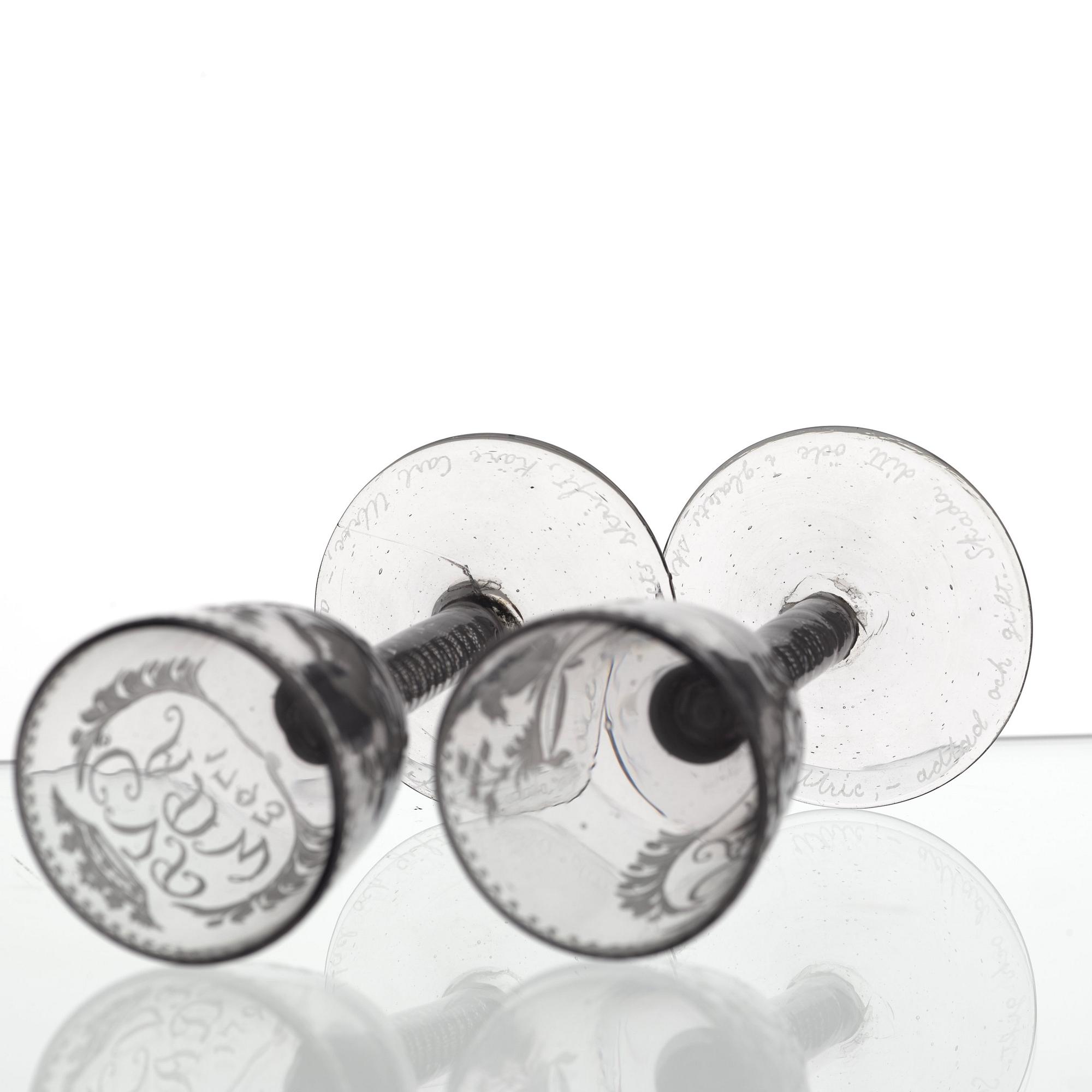 A pair of engraved ale glasses, 18th Century, presumably England.