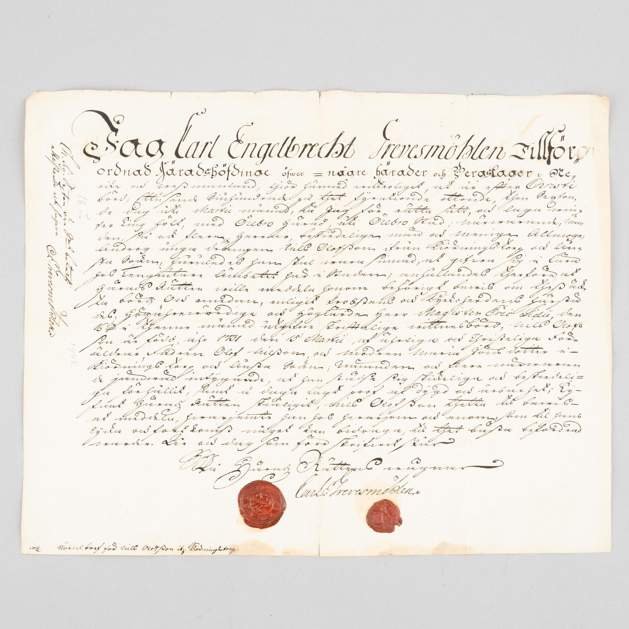 Handskrift (1748) med två fina vaxsigill.