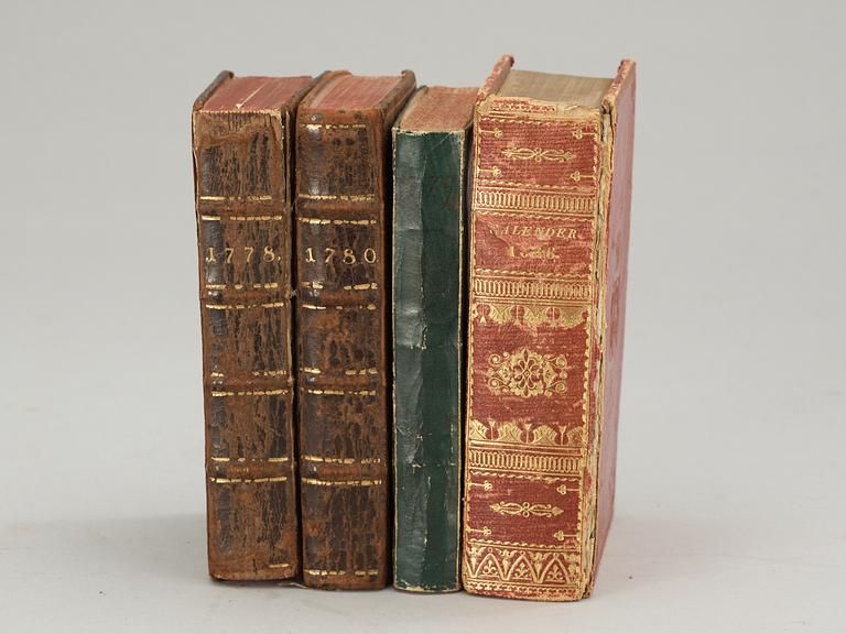 ROYAL BINDINGS, red morocco, 46 calenders 1783-1817, 43 with (duchess)  queen Hedvig Elisabeth Charlottas monogram.