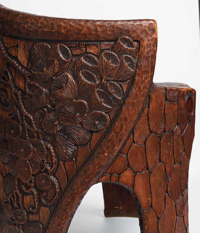 Gustaf Fjaestad, a pair of Art Nouveau carved pine chairs "stabbestolar", Arvika Sweden 1908-1909.