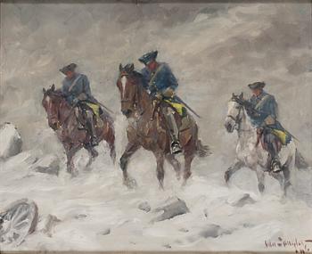 444. Alexander Langlet, Ridande karoliner i snöstorm.