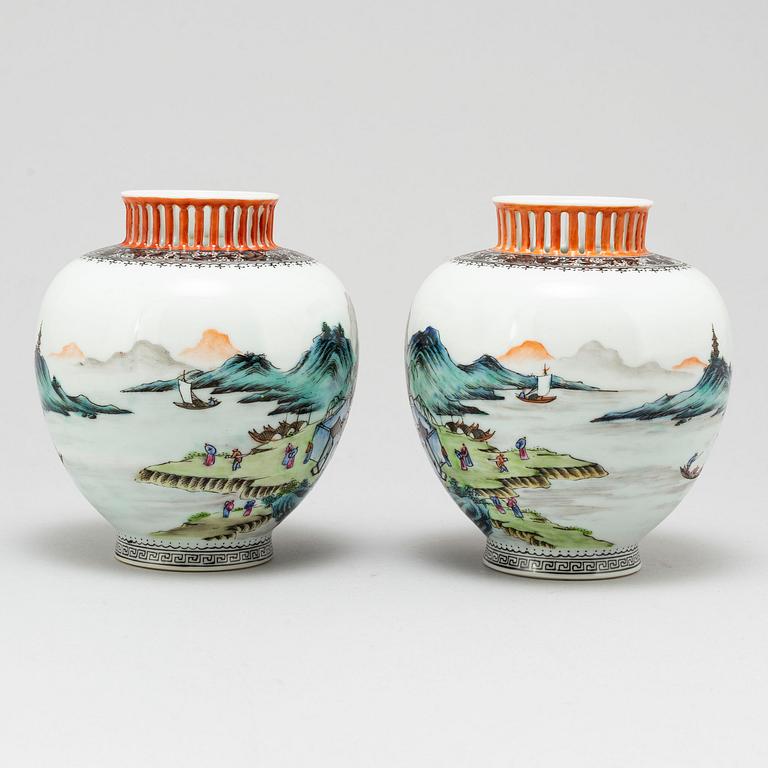 A pair of Chinese famille rose vases, 20th century.