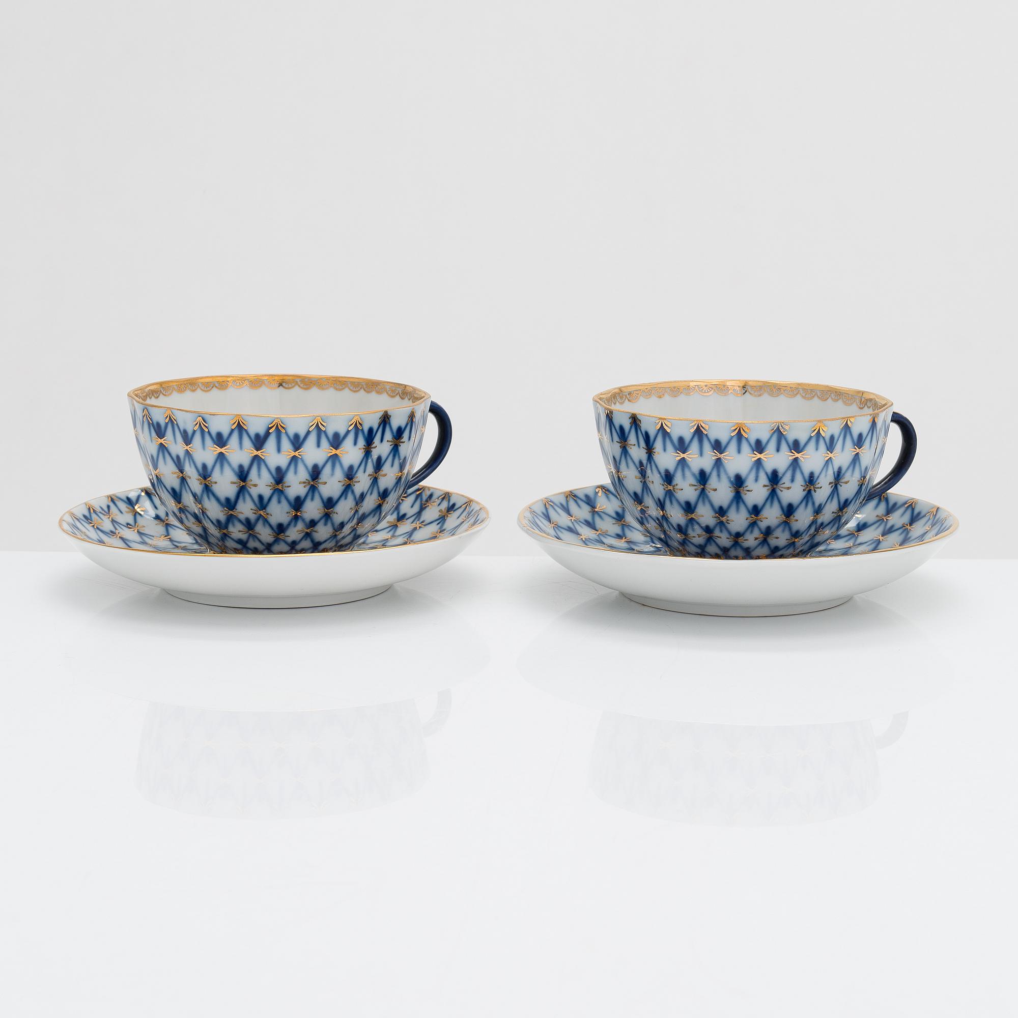 Teservis, 9 dlr, porslin, "Cobalt net", Lomonosov, Sovjetunionen.