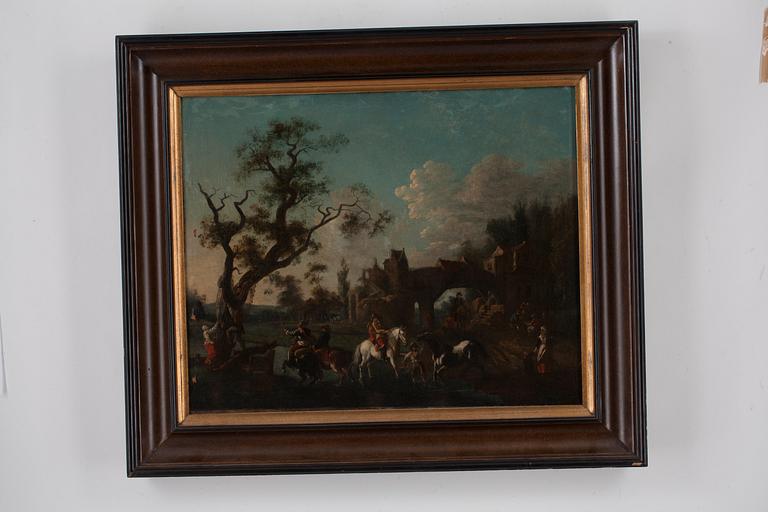 Philips Wouwerman Circle of, Figures and horses on a village street.